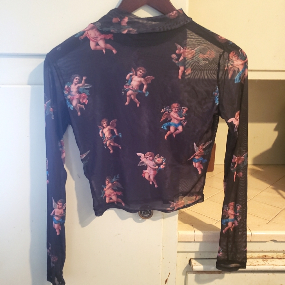 Mesh Long Sleeve Crop Top with Cupid Pattern